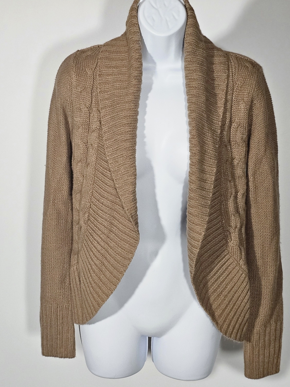 Mossimo Supply Co Cardigan XS Tan Cable Knit Shawl Collar Open Front Sweater